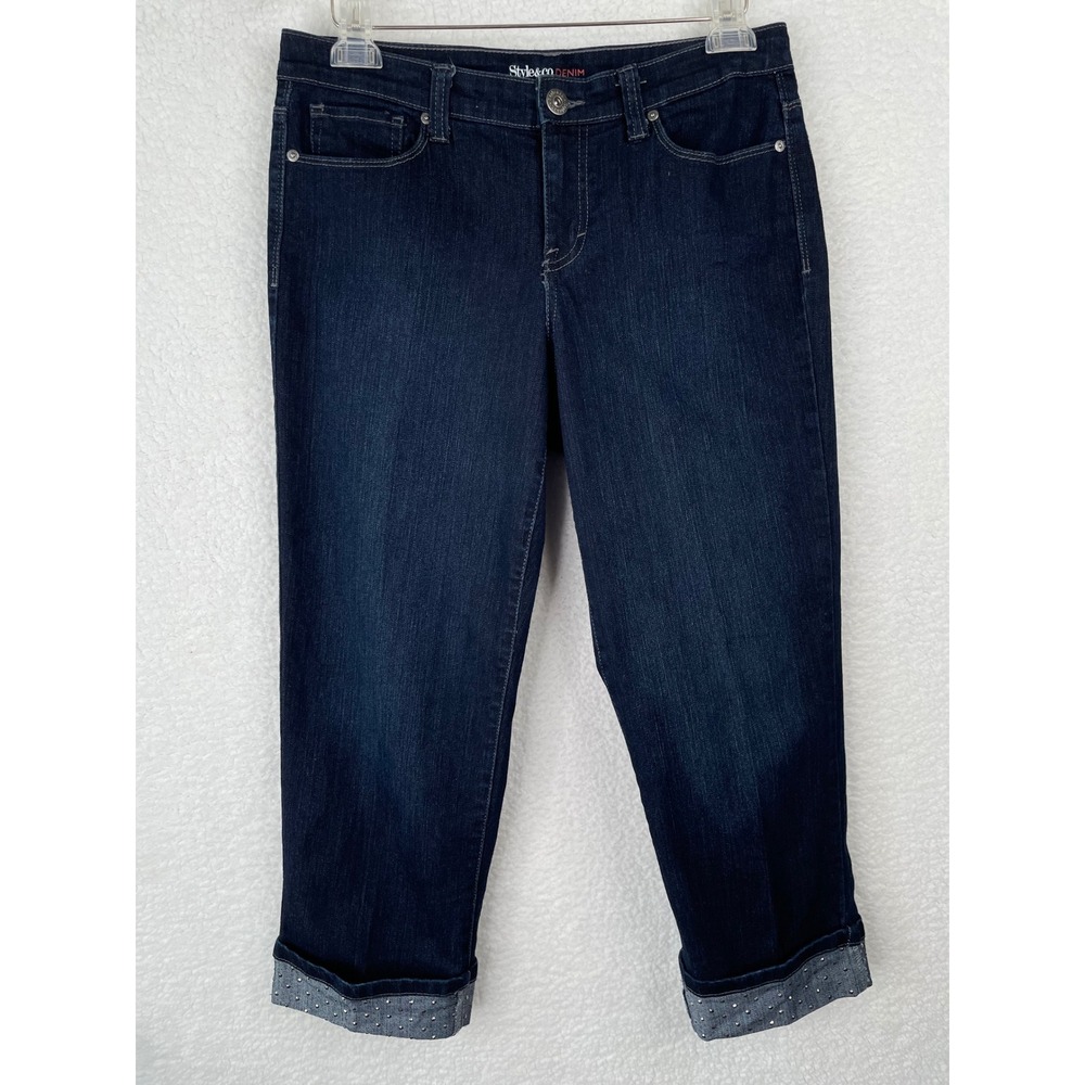 Style&co.‎ Denim Womens Dark Wash Studded Cuff Capri Jeans Size 6 Blue Cropped